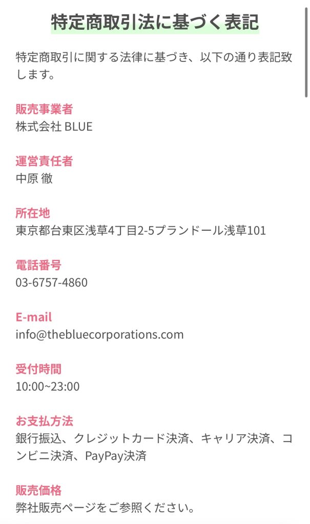 株式会社BLUE(中原徹)の特定商取引法に基づく表記スクリーンショット